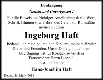 Traueranzeige von Ingeborg Haft von Super Sonntag Dessau / Köthen
