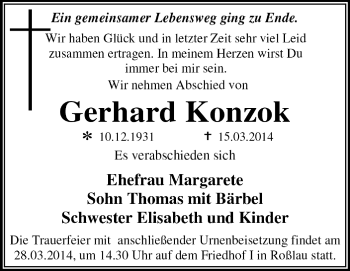Traueranzeige von Gerhard Konzok von Super Sonntag Dessau / Köthen