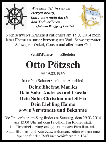 Traueranzeige von Otto Pötzsch von WVG - Wochenspiegel Dessau / Köthen