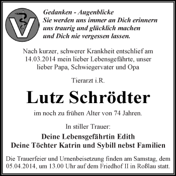 Traueranzeige von Lutz Schrödter von WVG - Wochenspiegel Dessau / Köthen