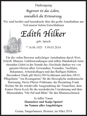 Traueranzeige von Edith Hilker von Super Sonntag SGH Mansf. Land