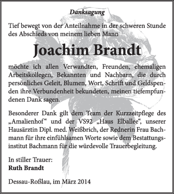Traueranzeige von Joachim Brandt von Super Sonntag Dessau / Köthen