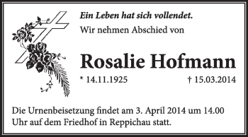 Traueranzeige von Rosalie Hofmann von Super Sonntag Dessau / Köthen