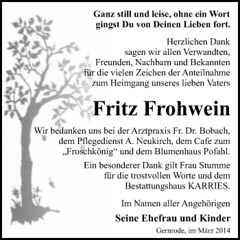 Traueranzeige von Fritz Frohwein von WVG - Wochenspiegel Quedlinburg