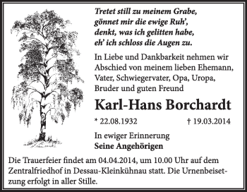 Traueranzeige von Karl-Hans Borchardt von Super Sonntag Dessau / Köthen