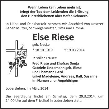 Traueranzeige von Else Riese von WVG - Wochenspiegel Merseburg