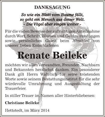 Traueranzeige von Renate Beileke von Wochenspiegel Mansfelder Land