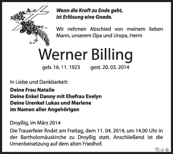 Traueranzeige von Werner Billing von Super Sonntag Zeitz