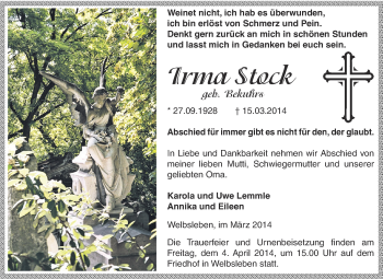 Traueranzeige von Irma Stock von Wochenspiegel Mansfelder Land