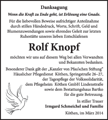 Traueranzeige von Rolf Knopf von Super Sonntag Dessau / Köthen