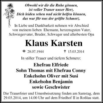 Traueranzeige von Klaus Karsten von Super Sonntag Dessau / Köthen