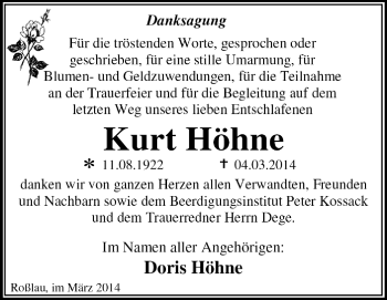 Traueranzeige von Kurt Höhne von Super Sonntag Dessau / Köthen