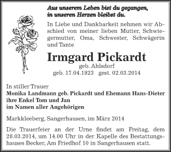 Traueranzeige von Irmgard Pickardt von Super Sonntag SGH Mansf. Land