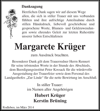 Traueranzeige von Margarete Krüger von WVG - Wochenspiegel Dessau / Köthen