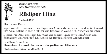 Traueranzeige von Rüdiger Hinz von WVG - Wochenspiegel Aschersleben