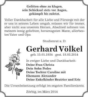 Traueranzeige von Gerhard Völkel von WVG - Wochenspiegel Bitterfeld
