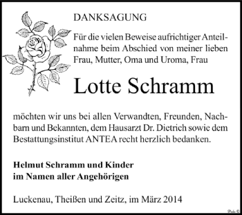 Traueranzeige von Lotte Schramm von Super Sonntag Zeitz