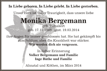 Traueranzeige von Monika Bergemann von WVG - Wochenspiegel Dessau / Köthen