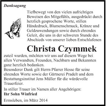 Traueranzeige von Christa Czymmek von Super Sonntag Aschersleben