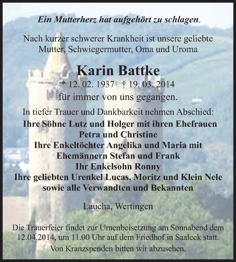  Traueranzeige für Karin Battke vom 26.03.2014 aus WVG - Wochenspiegel NMB / WSF / ZTZ