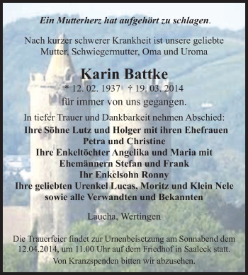 Traueranzeige von Karin Battke von WVG - Wochenspiegel NMB / WSF / ZTZ