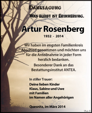 Traueranzeige von Artur Rosenberg von Super Sonntag Zeitz