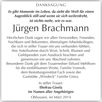 Traueranzeige von Jürgen Brachmann von WVG - Wochenspiegel Merseburg