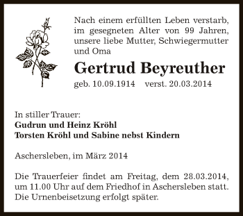 Traueranzeige von Gertrud Beyreuther von WVG - Wochenspiegel Aschersleben
