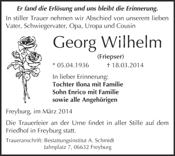 Traueranzeige von Georg Wilhelm von WVG - Wochenspiegel NMB / WSF / ZTZ