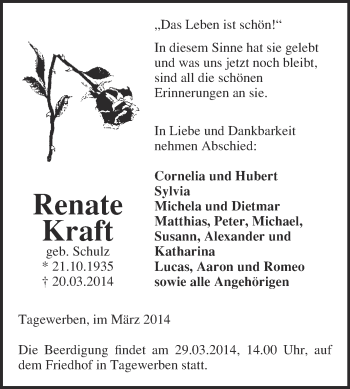 Traueranzeige von Renate Kraft von WVG - Wochenspiegel NMB / WSF / ZTZ