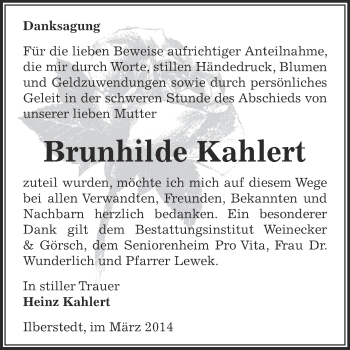 Traueranzeige von Brunhilde Kahlert von Super Sonntag Bernburg