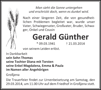 Traueranzeige von Gerald Günther von WVG - Wochenspiegel NMB / WSF / ZTZ