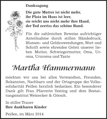 Traueranzeige von Martha Hammermann von Super Sonntag Bernburg