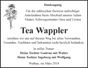 Traueranzeige von Tea Wappler von WVG - Wochenspiegel NMB / WSF / ZTZ