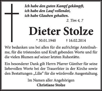 Traueranzeige von Dieter Stolze von Super Sonntag Dessau / Köthen