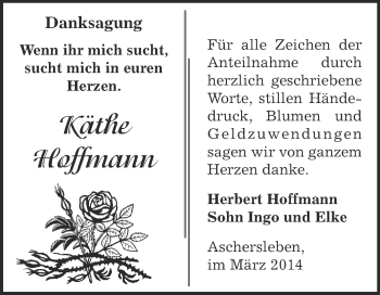 Traueranzeige von Käthe Hoffmann von WVG - Wochenspiegel Aschersleben
