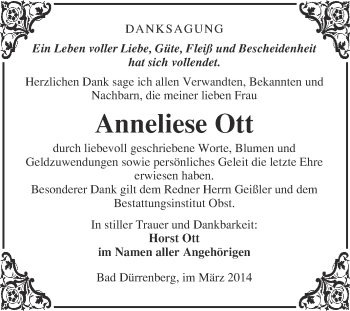 Traueranzeige von Anneliese Ott von Super Sonntag Merseburg