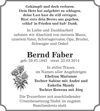 Traueranzeige von Bernd Faber von Super Sonntag Bernburg