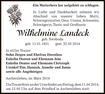 Traueranzeige von Wilhelmine Landeck von Super Sonntag Aschersleben