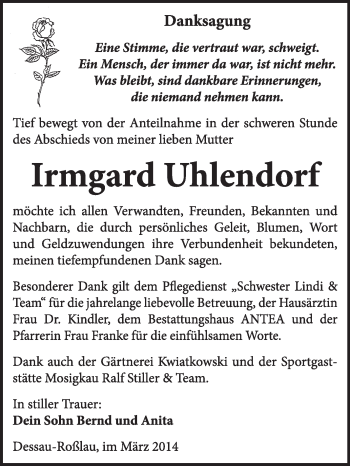 Traueranzeige von Irmgard Uhlendorf von Super Sonntag Dessau / Köthen