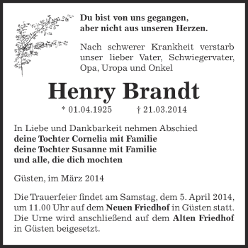 Traueranzeige von Henry Brandt von Super Sonntag Bernburg