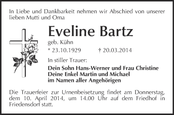 Traueranzeige von Eveline Bartz von WVG - Wochenspiegel Merseburg