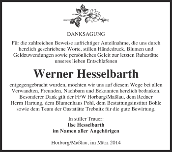 Traueranzeige von Werner Hesselbarth von Super Sonntag Merseburg