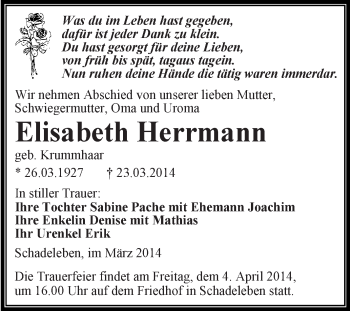 Traueranzeige von Elisabeth Herrmann von WVG - Wochenspiegel Aschersleben