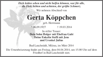 Traueranzeige von Gerta Köppchen von WVG - Wochenspiegel Merseburg