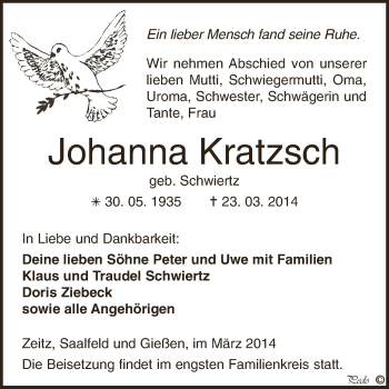 Traueranzeige von Johanna Kratzsch von Super Sonntag Zeitz