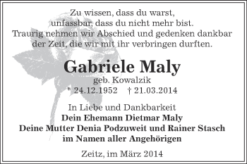 Traueranzeige von Gabriele Maly von Super Sonntag Zeitz