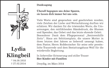 Traueranzeige von Lydia Klingbeil von Super Sonntag Zeitz