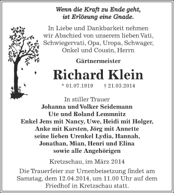 Traueranzeige von Richard Klein von Super Sonntag Zeitz