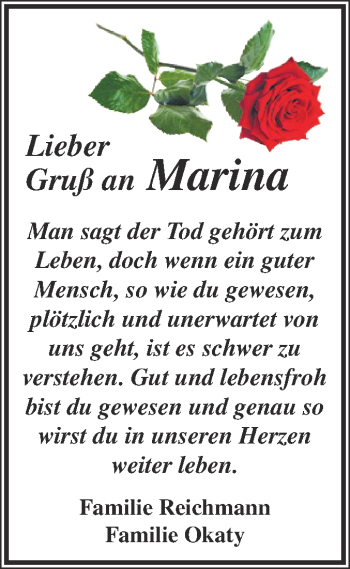 Traueranzeige von Marina  von Super Sonntag Aschersleben